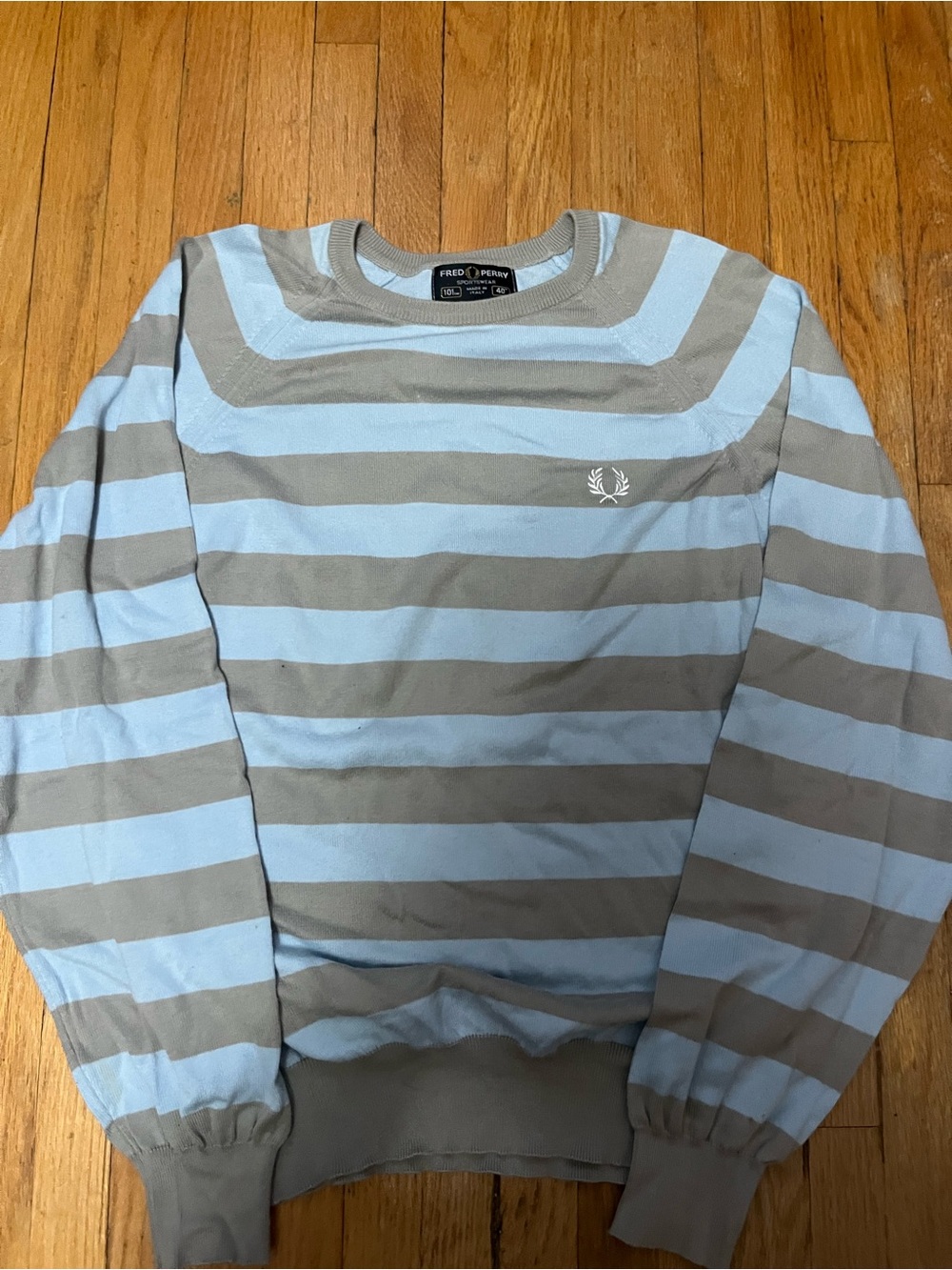 Fred Perry Blue and Taupe Striped Crewneck Sweater